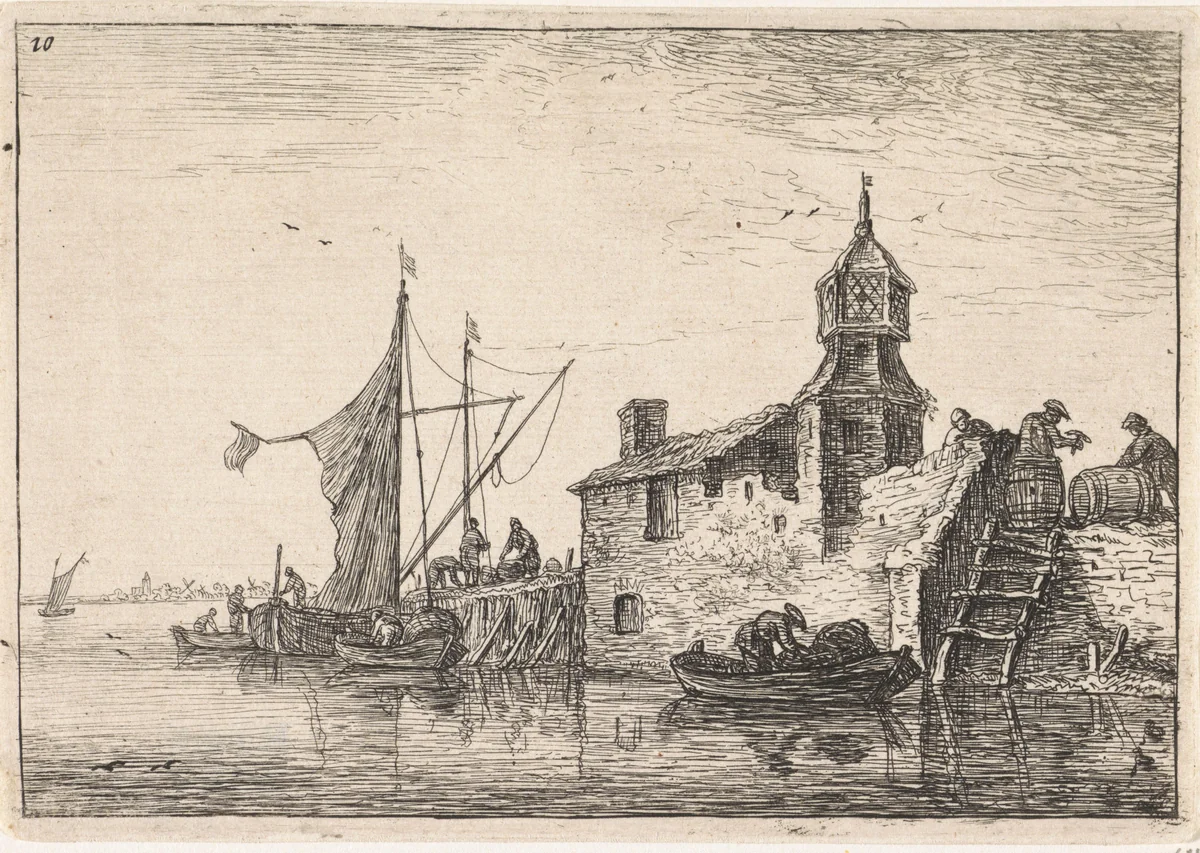 Aanlegplaats bij een gebouw met een toren by Anthonie Waterloo, print, 1630-1663