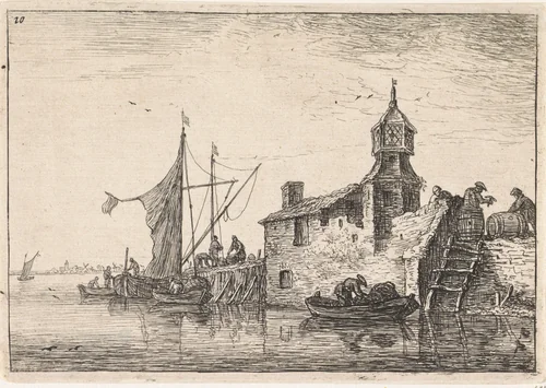 Aanlegplaats bij een gebouw met een toren by Anthonie Waterloo, print, 1630-1663