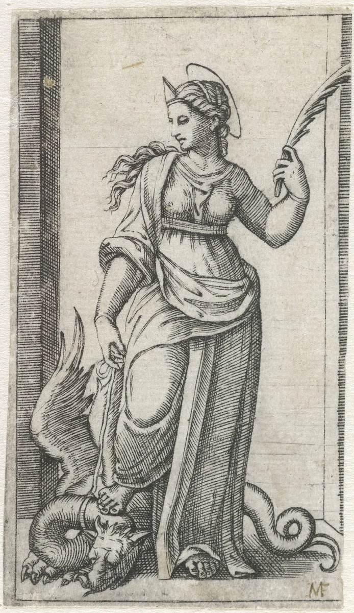Heilige Margaretha van Antiochië met draak aan touw by anonymous, print, 1500-1575