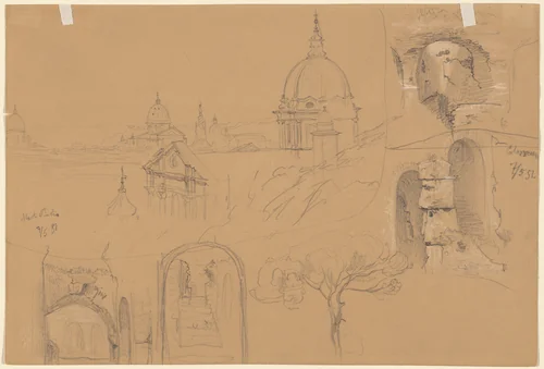 Studies of the Colosseum and Monte Pincio (verso) by Julius Jacob the Elder, drawing, 1851