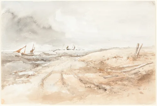 Shore Scene with Boats in Choppy Water by British 19th Century, drawing, 1800-1850