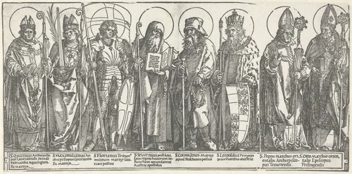 De beschermheiligen van Oostenrijk by Albrecht Dürer, print, 1515-1517