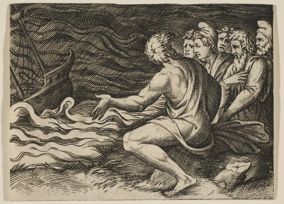 A group of figures at right witnessing a shipwreck by Marco Dente, print, 1510-1532