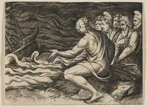 A group of figures at right witnessing a shipwreck by Marco Dente, print, 1510-1532