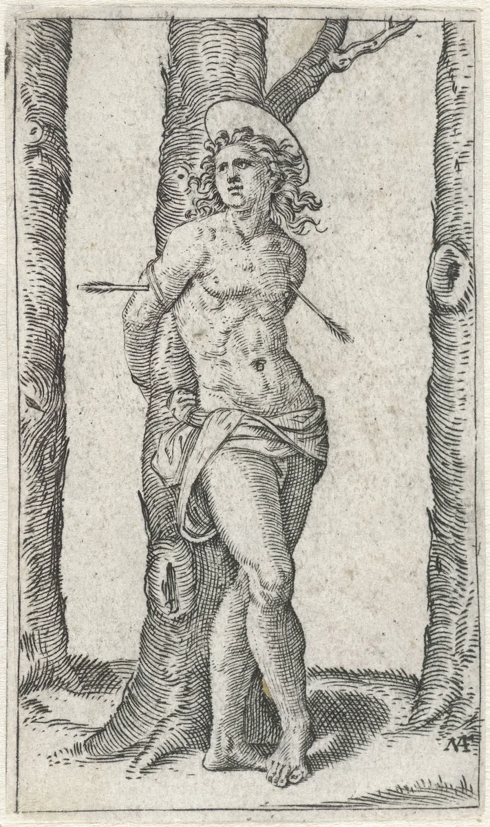 Heilige Sebastiaan vastgebonden aan boom met pijlen in lichaam by Unknown, print, 1500-1527