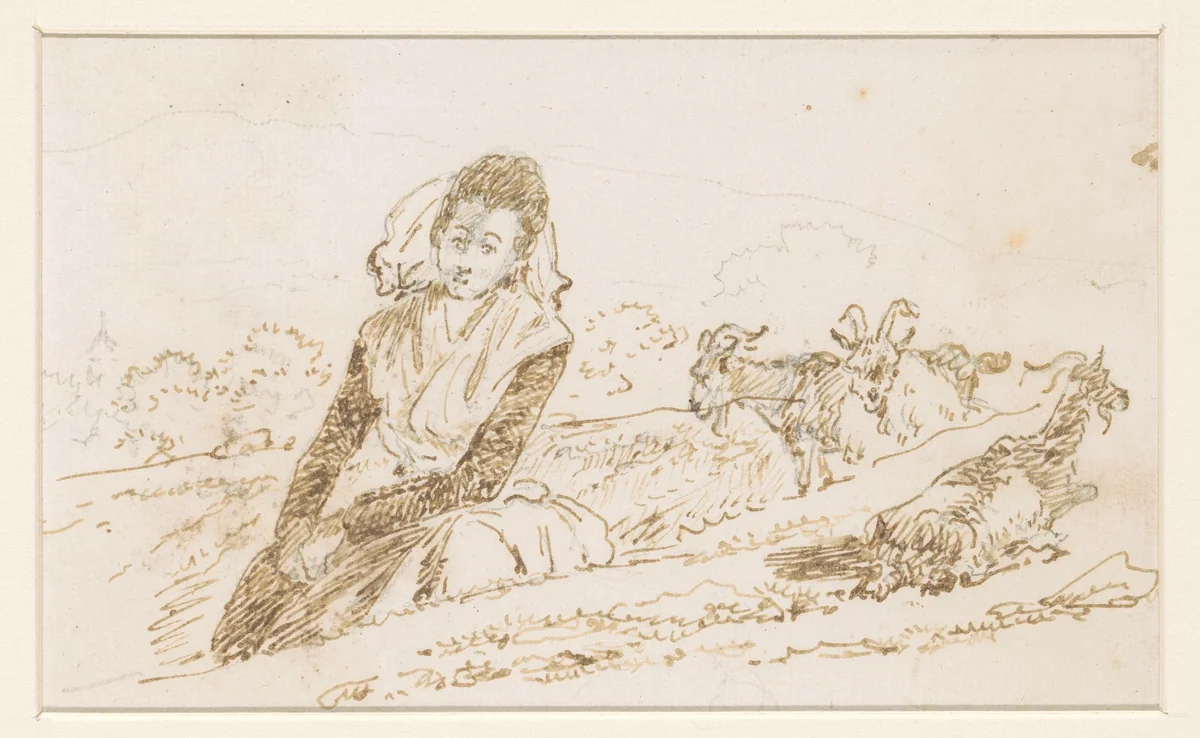 Zittend meisje met een doek over het hoofd by David de Sandoz-Rollin, drawing, 1750-1809