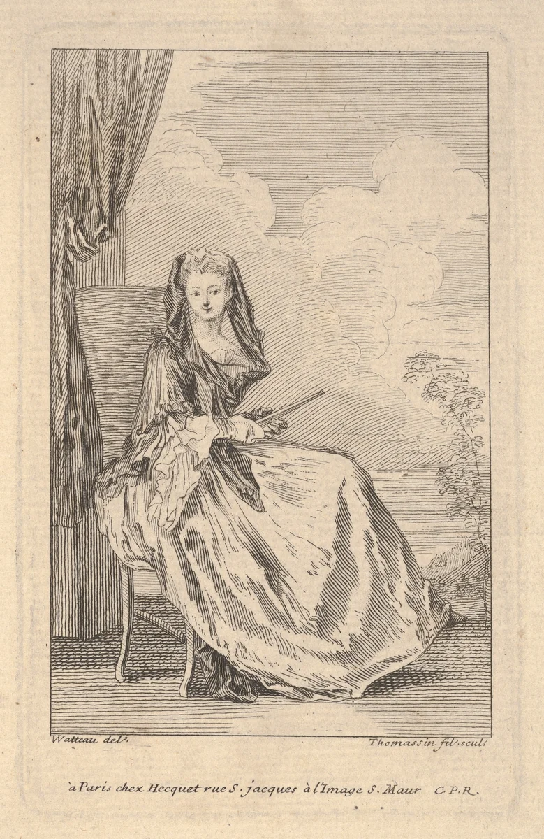 A seated woman holding a closed fan before a drawn curtain, a tree and sky beyond by Henri-Simon Thomassin, print, 1710-1741