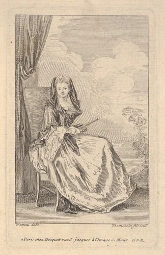 A seated woman holding a closed fan before a drawn curtain, a tree and sky beyond by Henri-Simon Thomassin, print, 1710-1741