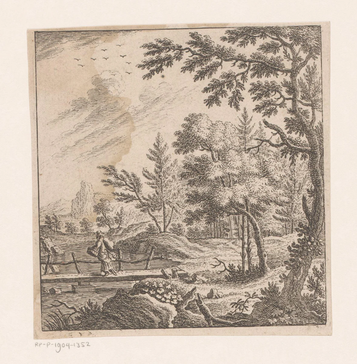 Landschap met een bepakte vrouw lopend over een brug by Johann Caspar Ulinger, print, 1713-1768