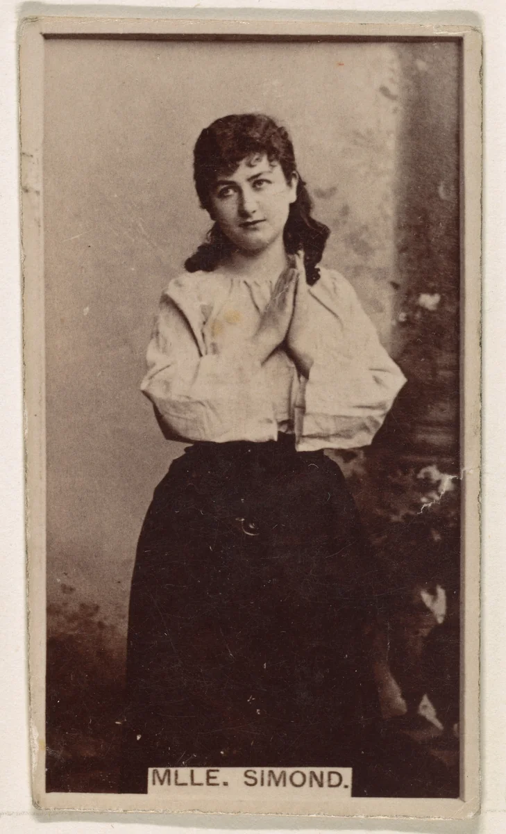 Mlle. Simond, from the Actresses series (N245) issued by Kinney Brothers to promote Sweet Caporal Cigarettes by Kinney Brothers Tobacco Company, photograph, 1890