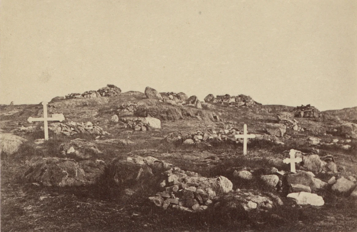 "An Esquimaux burial ground. The crosses have been placed here by some of the whalers, who had lost some one of their number." by George P. Critcherson, John L. Dunmore, William Bradford, photograph, 1869