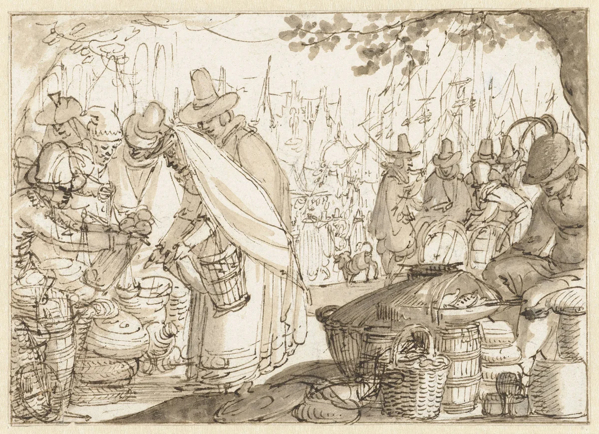 Marktscène by Claes Jansz Visscher, drawing, 1605-1610