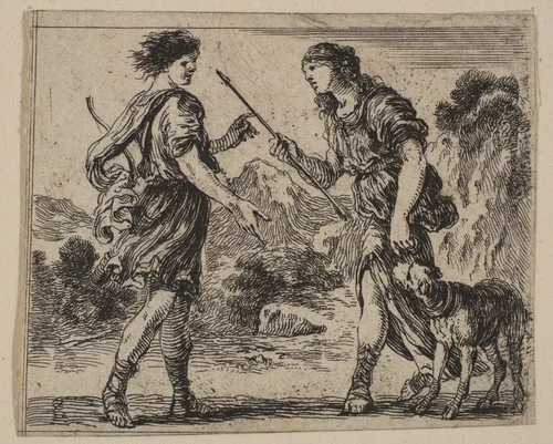 Cephalus and Procris, from 'Game of Mythology' (Jeu de la Mythologie) by Stefano della Bella, print, 1644