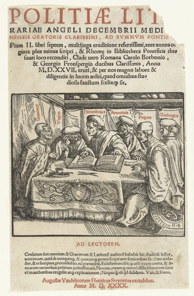 Titelprent met zes geleerden zittend rond een tafel en tekst in boekdruk by Unknown, print, 1483-1519