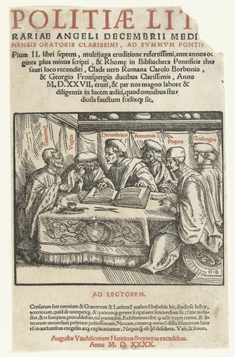 Titelprent met zes geleerden zittend rond een tafel en tekst in boekdruk by Unknown, print, 1483-1519