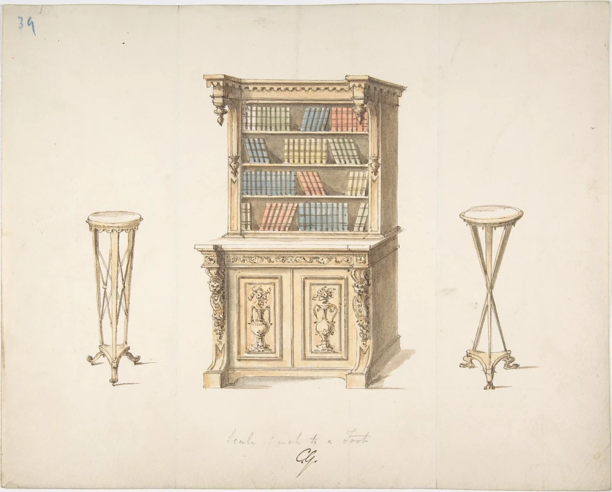 Design for a Bookcabinet and Two Pedestals by anonymous, drawing, 1800-1850