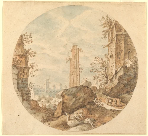 Travellers among Roman Ruins by Pieter Stevens, drawing, 1567-1624