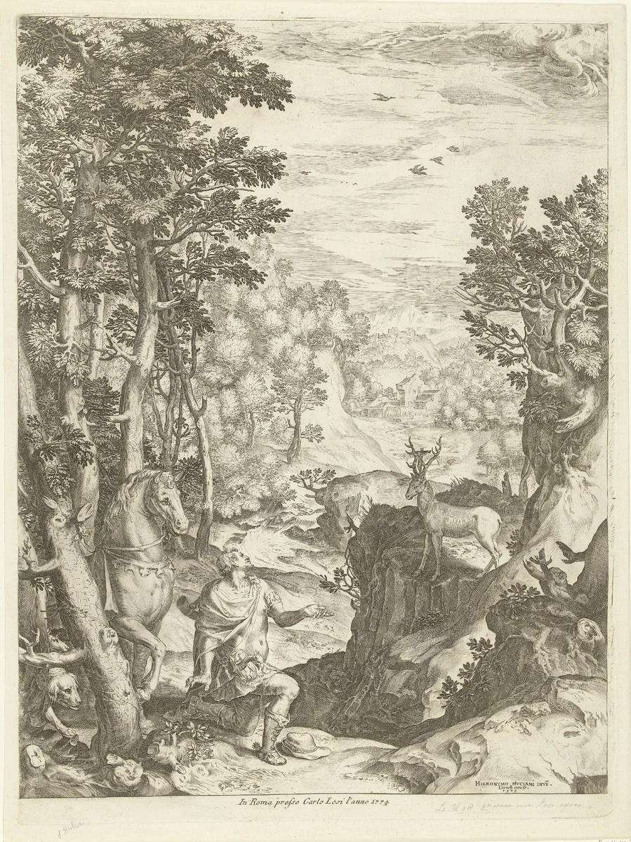 Landschap met het visioen van Eustachius by Unknown, print, 1573