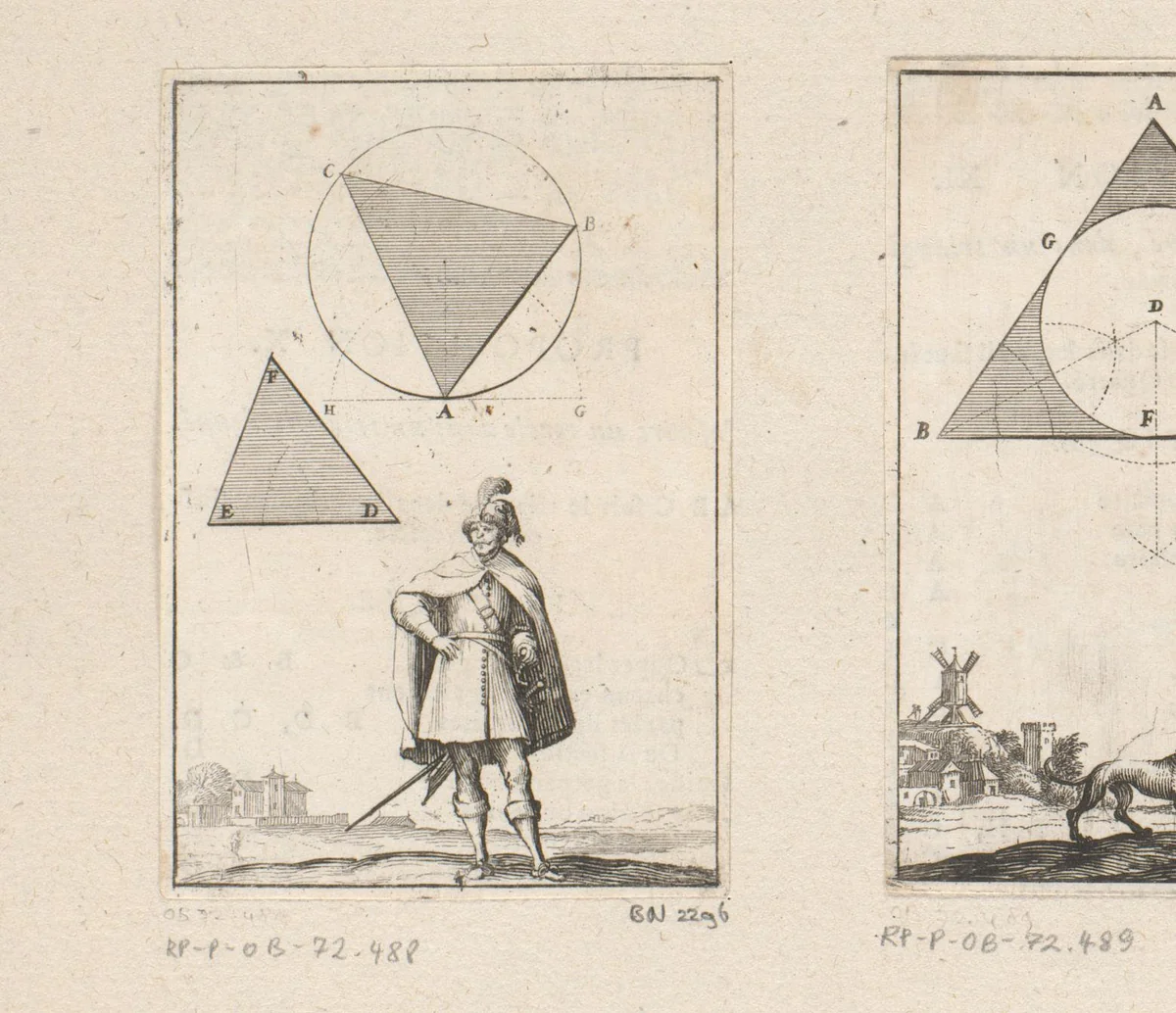 Driehoek in een cirkel met onderaan een man met hand in zijn zij by Sébastien Leclerc, print, 1669