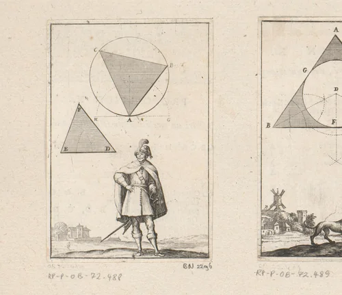 Driehoek in een cirkel met onderaan een man met hand in zijn zij by Sébastien Leclerc, print, 1669