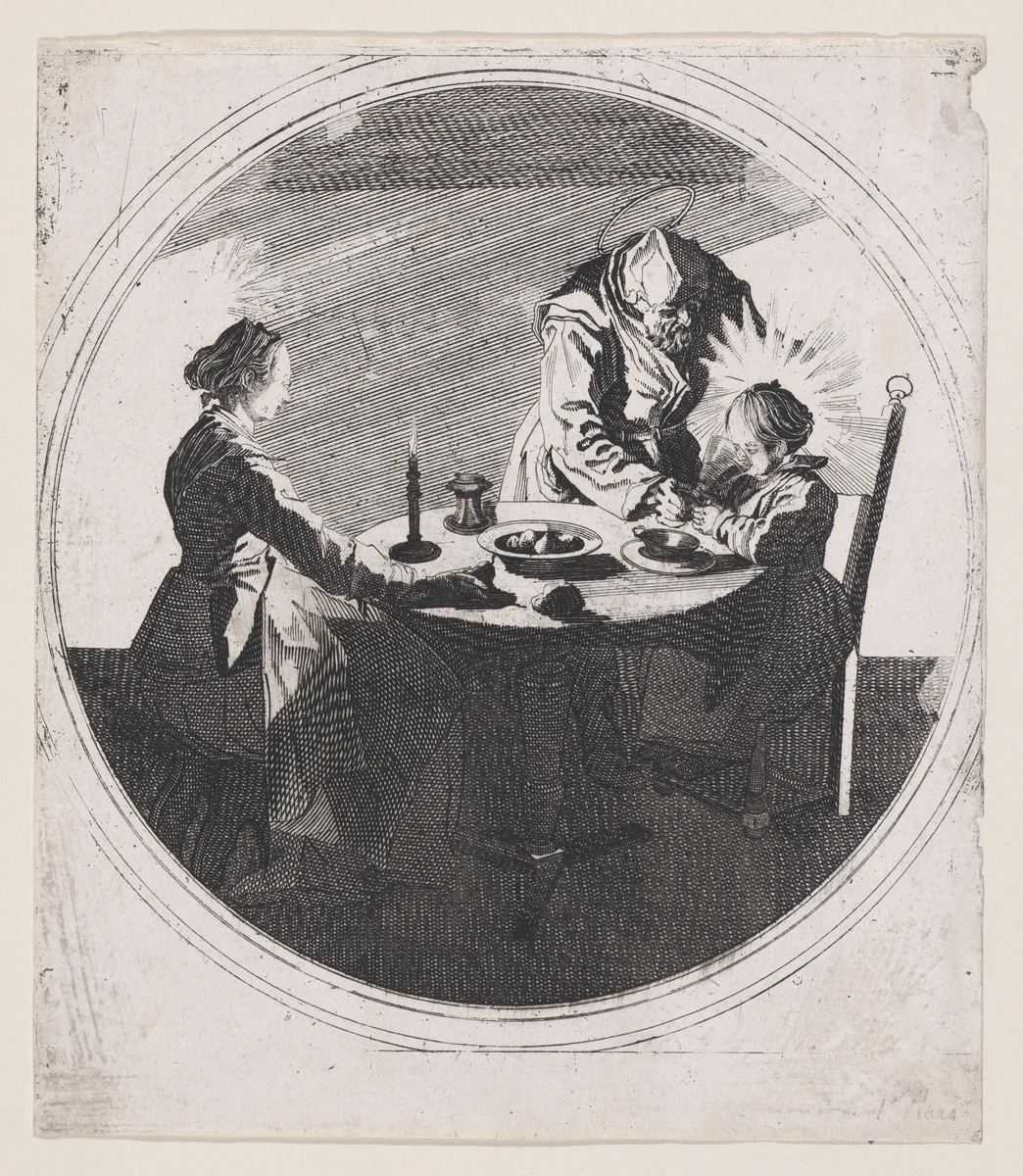 Copy of Le Benedicite, estampe appelée aussi La Sainte Famille a Table et St. Joseph Faisant Boire L'Enfant Jésus (The Grace, also called The Holy Family at the Table and St. Joseph Giving the Christ Child a Drink) by anonymous, print, 1610-1700