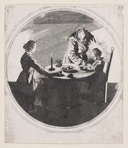 Copy of Le Benedicite, estampe appelée aussi La Sainte Famille a Table et St. Joseph Faisant Boire L'Enfant Jésus (The Grace, also called The Holy Family at the Table and St. Joseph Giving the Christ Child a Drink) by anonymous, print, 1610-1700