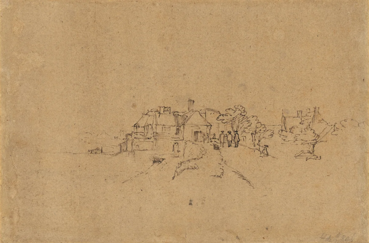 Figures on the Anthoniesdijk Entering Houtewael [verso] by Rembrandt van Rijn, drawing, 1650