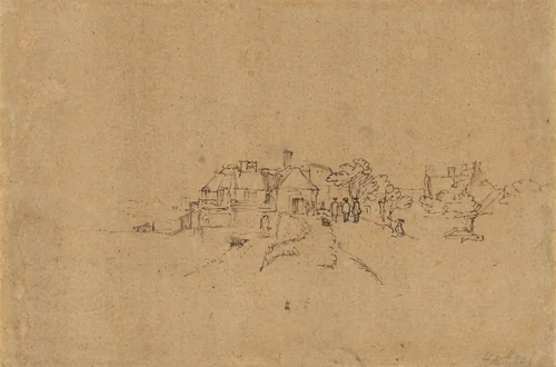 Figures on the Anthoniesdijk Entering Houtewael [verso] by Rembrandt van Rijn, drawing, 1650