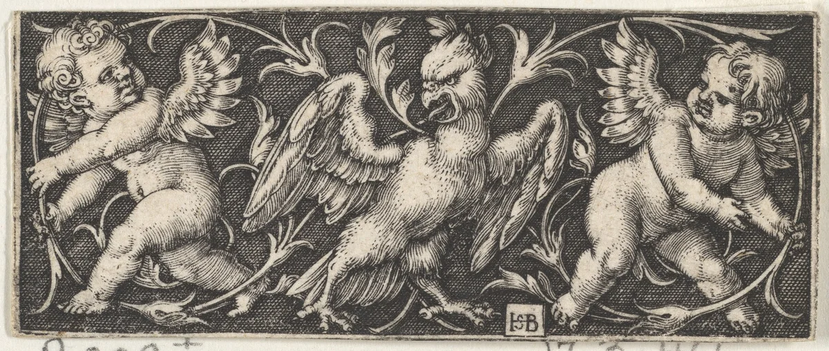 Horizontal Panel with an Eagle Flanked by Two Genii by Sebald Beham, print, 1544