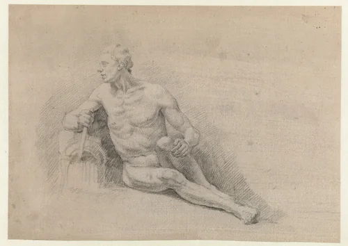 Zittend mannelijk naakt met opgetrokken been by Jan Hoogsaat, drawing, 1664-1730