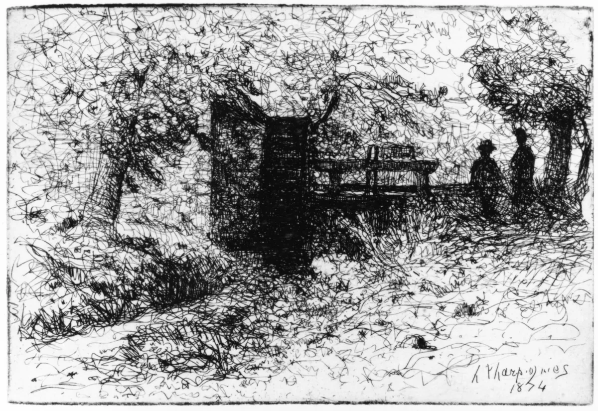 Two Figures by a Small Watergate by Henri Joseph Harpignies, print, 1830-1916
