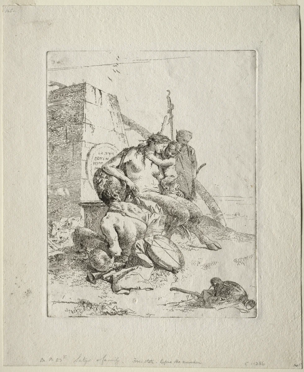 Scherzi di Fantasia: Satyr Family with the Obelisk by Giovanni Battista Tiepolo, print, 1745-1765