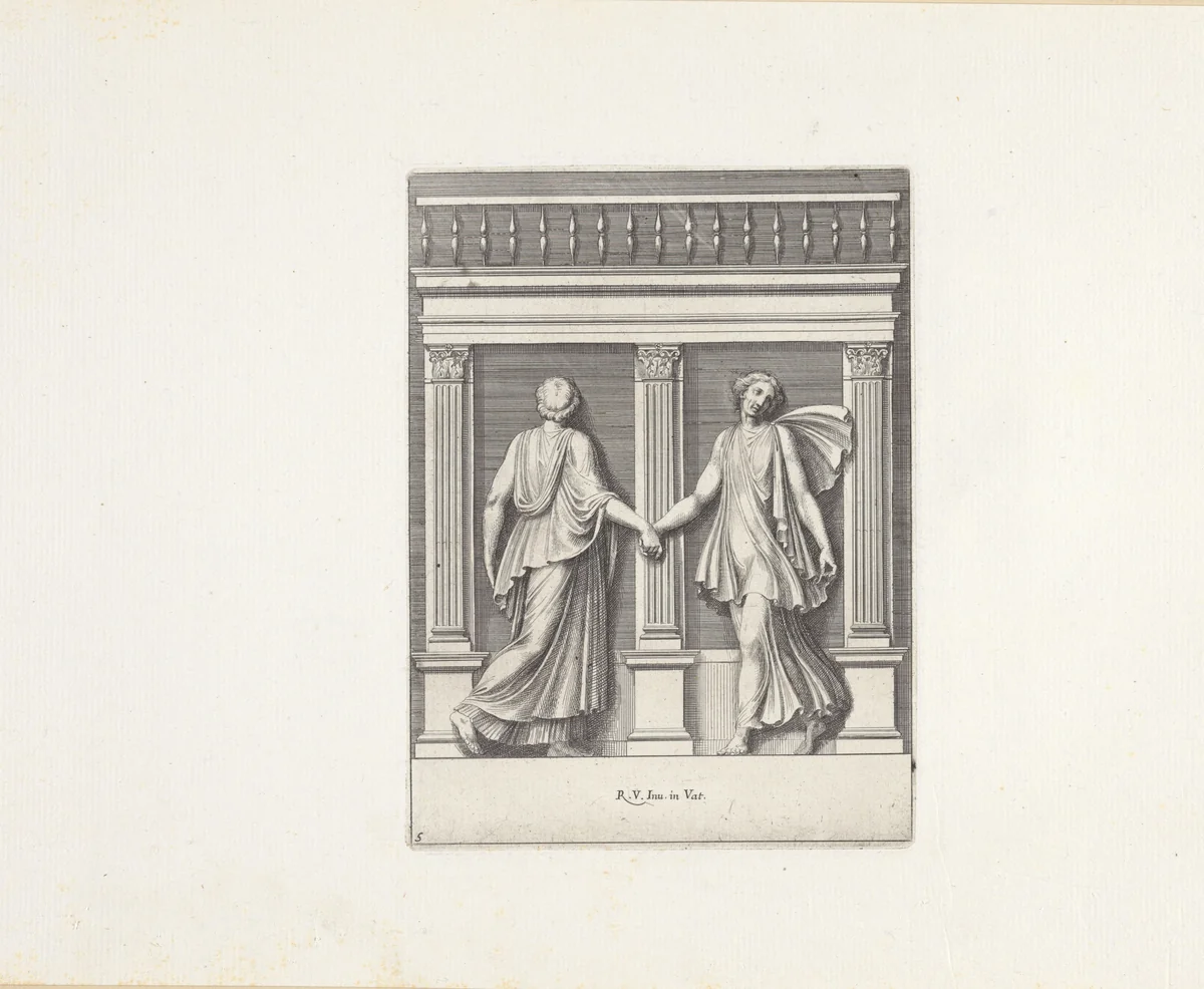 Twee dansende figuren by Pietro Sante Bartoli, print, 1645-1700