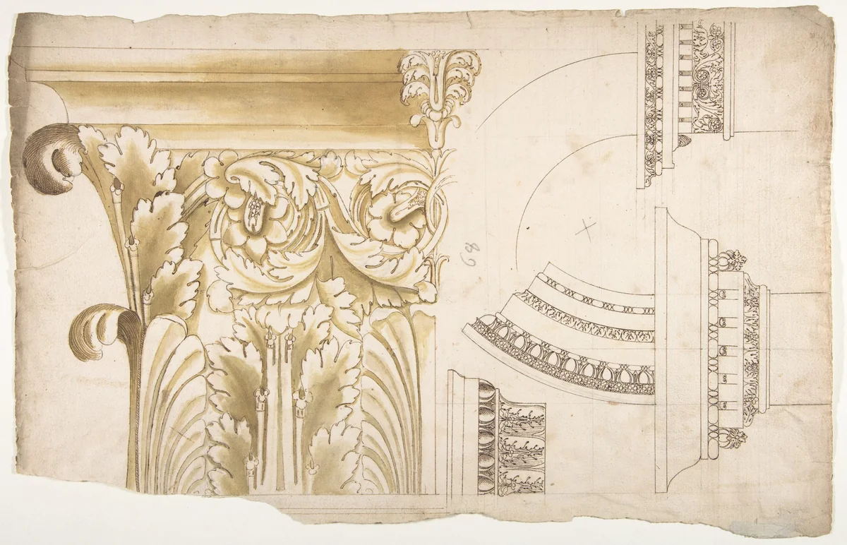 Arch of Septimius Severus, pilaster capital, elevation; impost and arch elevation; detail (recto) blank (verso) by anonymous, drawing, 1500-1560