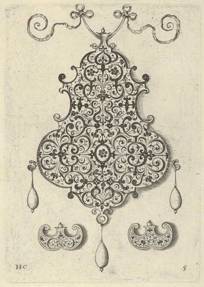 Design for the Verso of a Pendant with an Oval Motif Between Strapwork by Jan Collaert, print, 1604