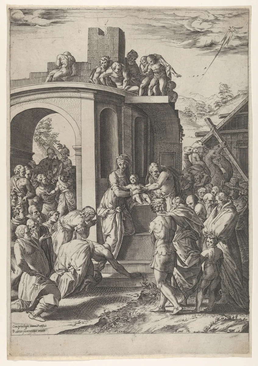 The Adoration of the Magi with the Virgin, Christ Child, and Joseph at center, set against architectural details by Cherubino Alberti, print, 1570-1615