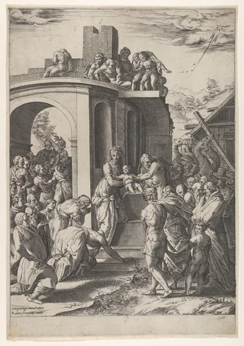 The Adoration of the Magi with the Virgin, Christ Child, and Joseph at center, set against architectural details by Cherubino Alberti, print, 1570-1615