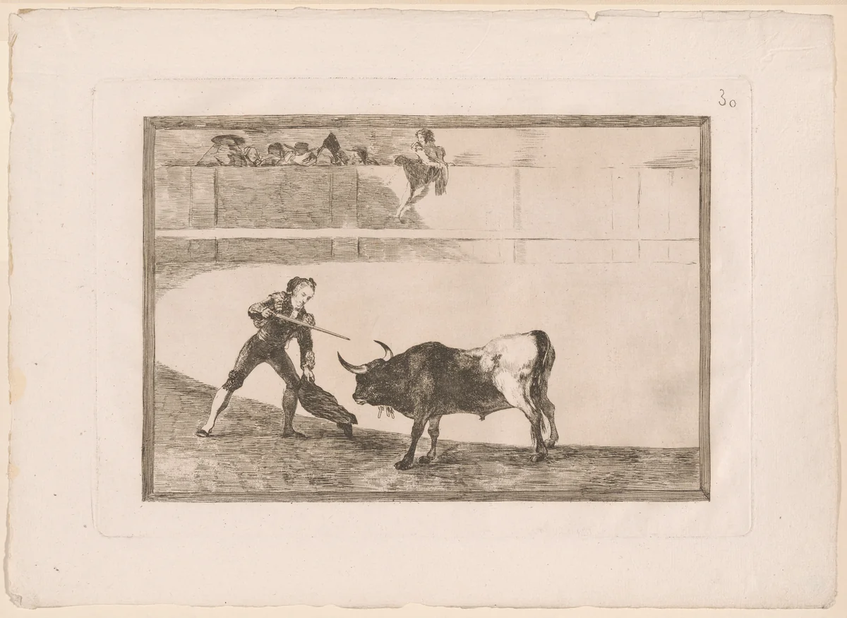 Pedro Romero killing the halted bull, plate 30 from The Art of Bullfighting by Francisco José de Goya, print, 1814-1816
