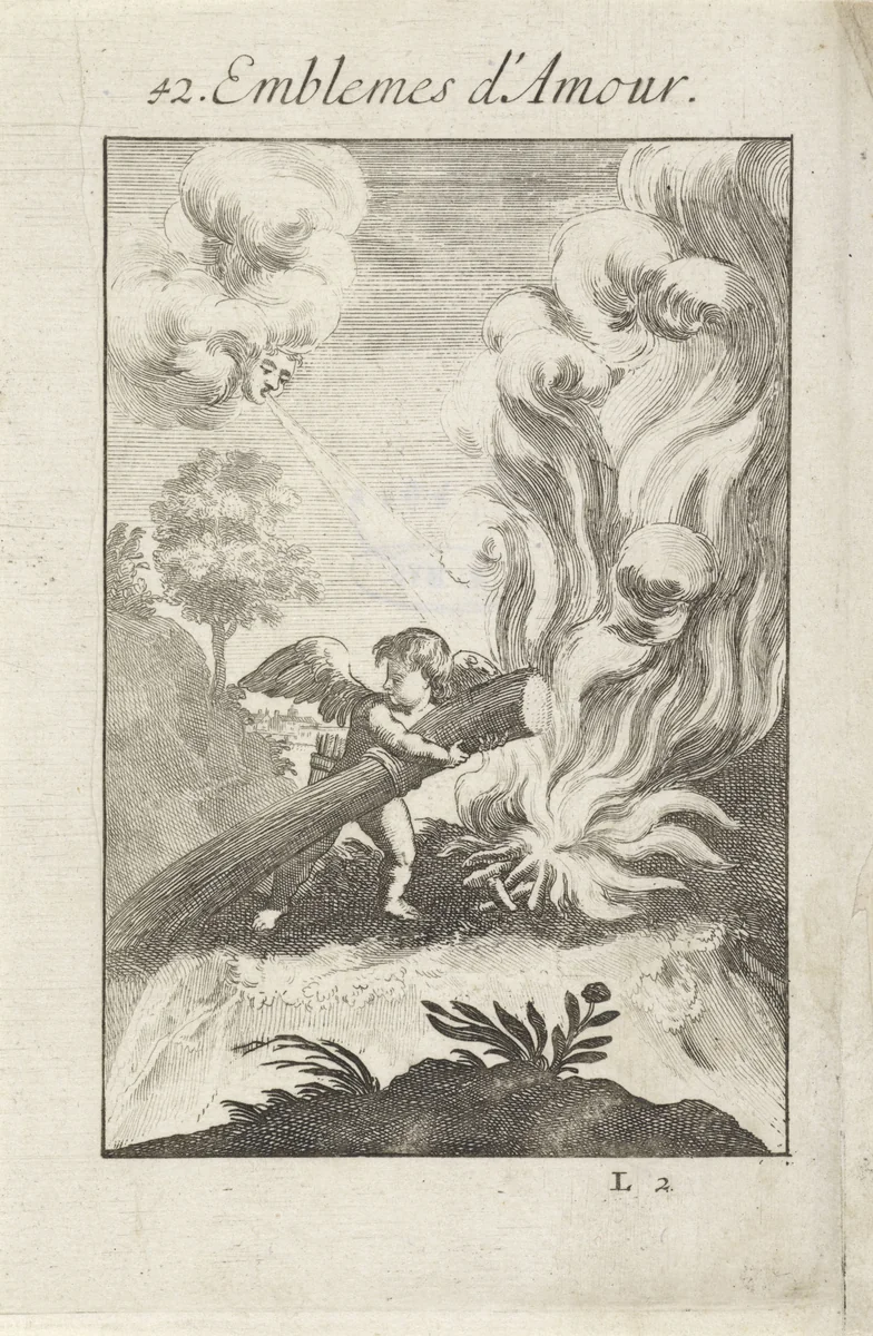 Amor en de wind laten een vuur oplaaien by Jan van Vianen, print, 1686