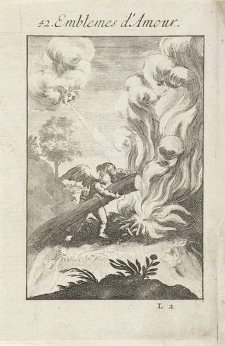 Amor en de wind laten een vuur oplaaien by Jan van Vianen, print, 1686