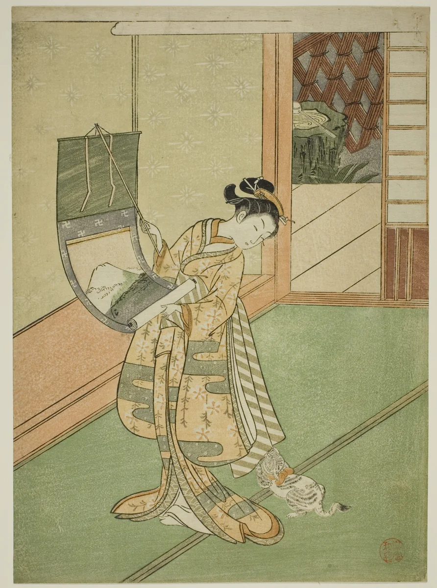 Hanging a Painting (parody of the Third Princess) by Suzuki Harunobu (鈴木春信), print, 1762-1770