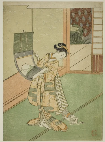 Hanging a Painting (parody of the Third Princess) by Suzuki Harunobu (鈴木春信), print, 1762-1770