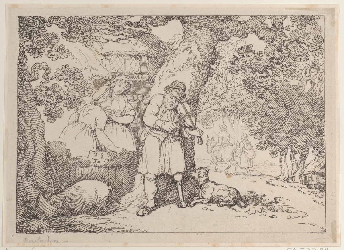 Fiddler, Sailor, Two Women and a Pig by a Cottage by Thomas Rowlandson, print, 1816