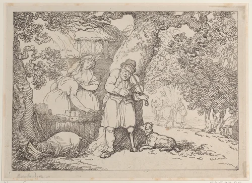 Fiddler, Sailor, Two Women and a Pig by a Cottage by Thomas Rowlandson, print, 1816