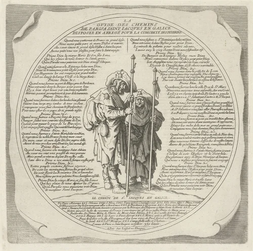 Twee pelgrims en een routebeschrijving naar Santiago de Compostela by anonymous, print, 1623-1699