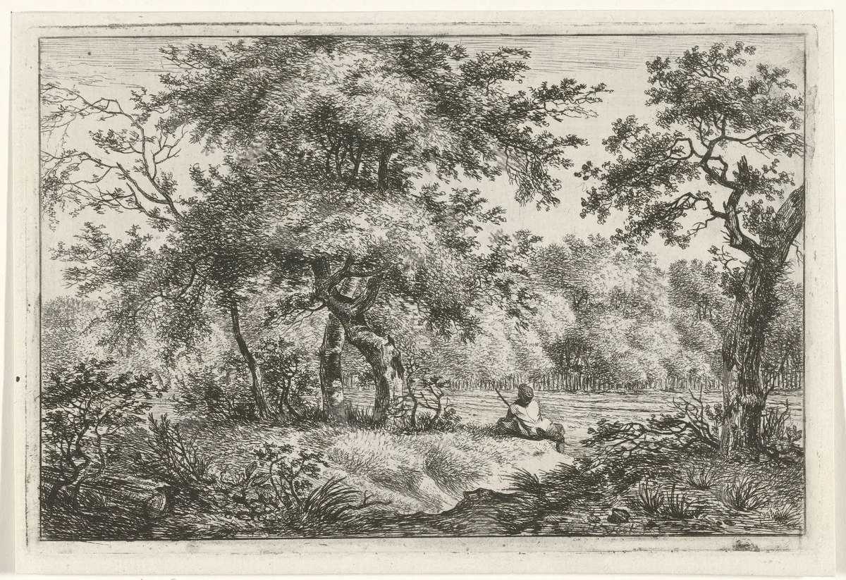 Rustende man in bos by Hermanus Fock, print, 1781-1822