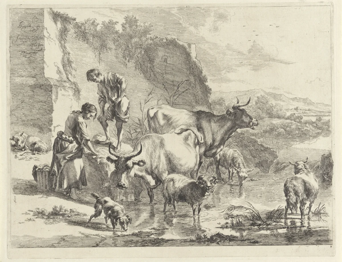 Vrouw droogt kleren op een steen by Jan de Visscher, print, 1657-1706