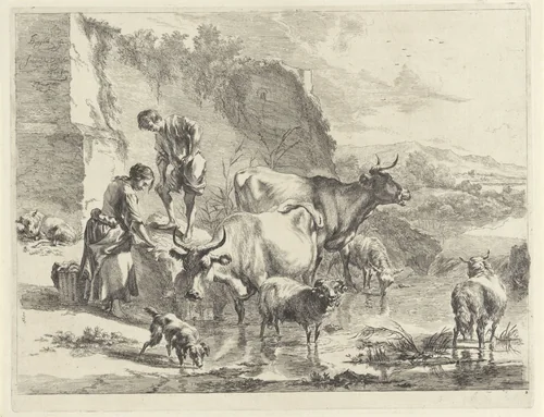 Vrouw droogt kleren op een steen by Jan de Visscher, print, 1657-1706