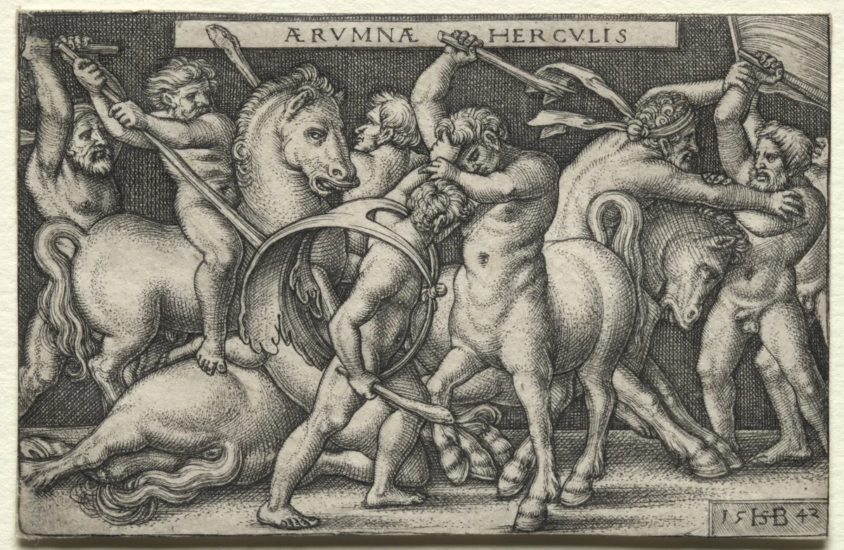 The Labors of Hercules: Hercules Defeating the Centaurs by Hans Sebald Beham, print, 1542