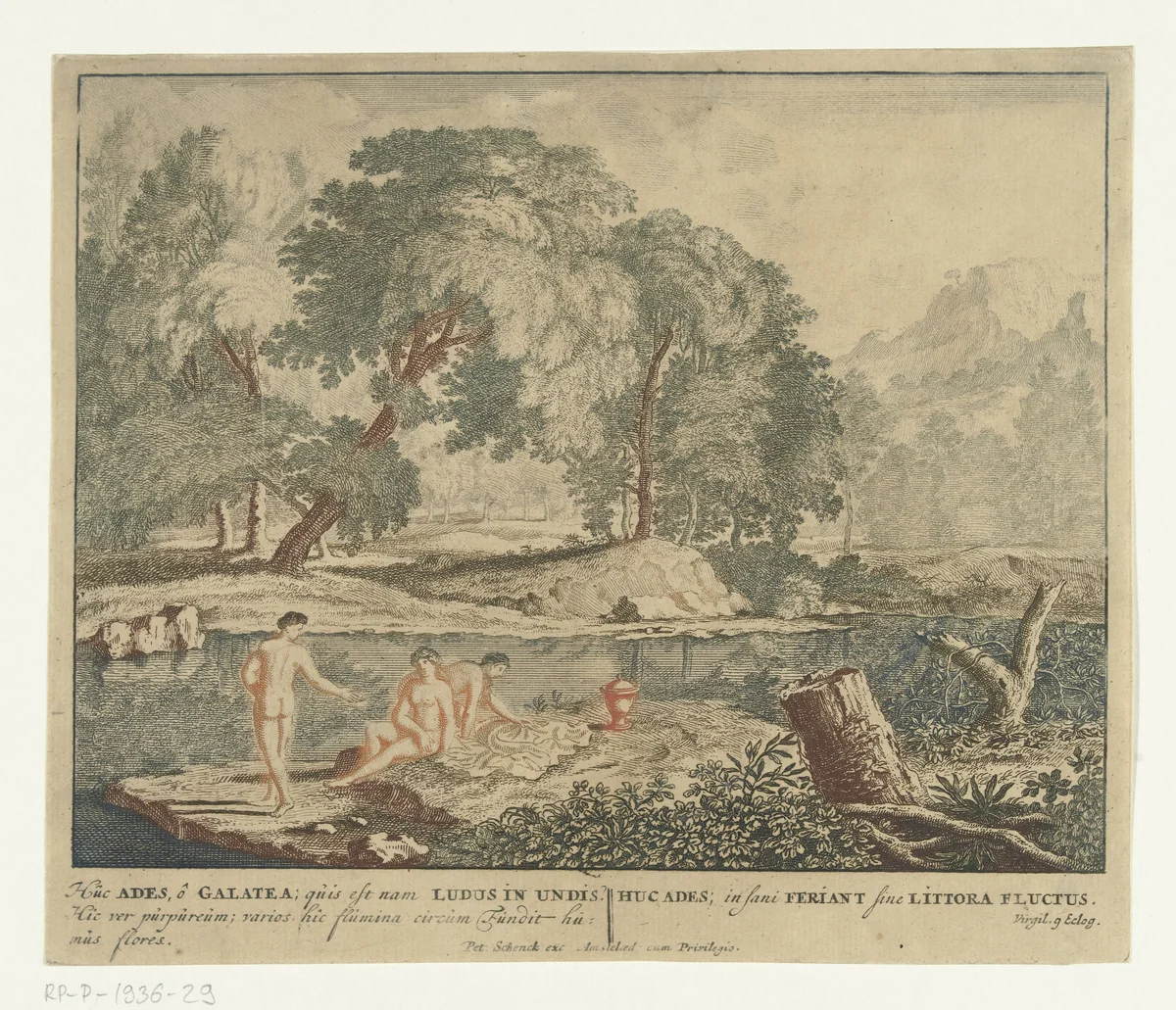 Drie nimfen baden in een meertje by Jan van Call, print, 1666-1706
